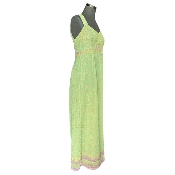Custom Silk Floral Halter Maxi Dress Light Green Pink Sleeveless Gown Size M - Picture 2 of 5